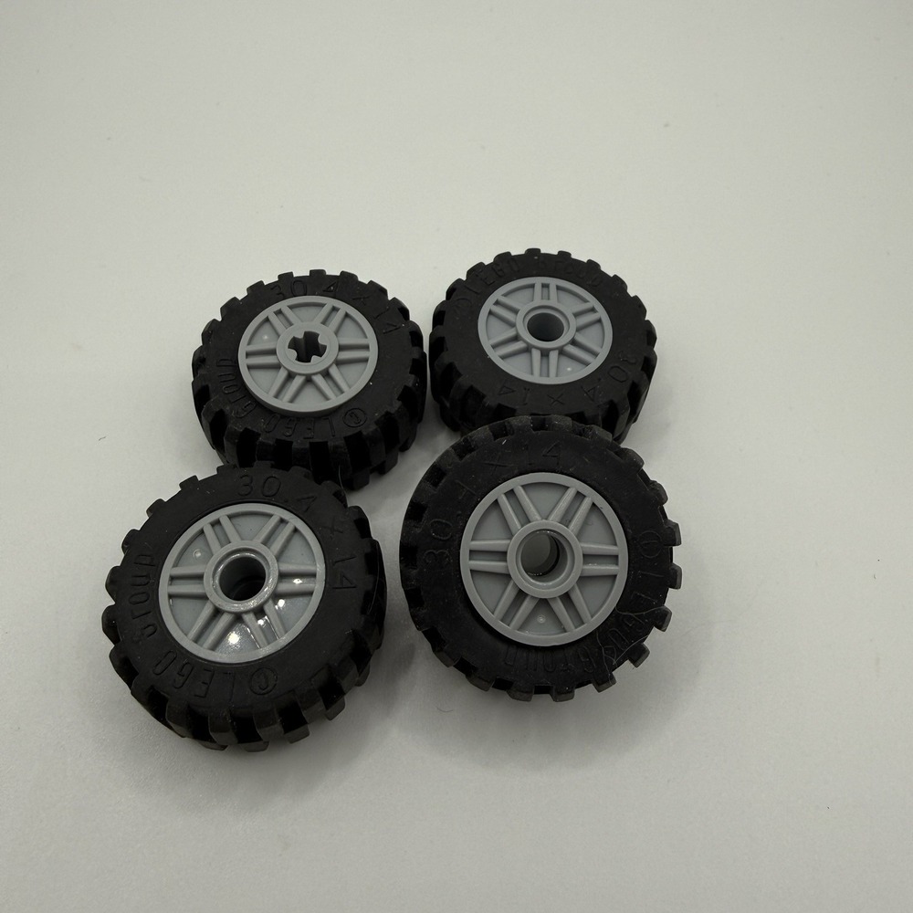 4 LEGO Tire 30.4 x 14 Wheel With Light Blue Gray Rims 59881 Pin Hole
